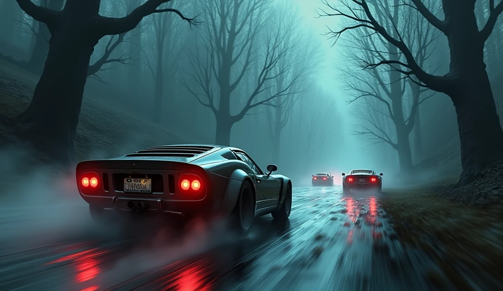 Car race, dark, spooky place in the background