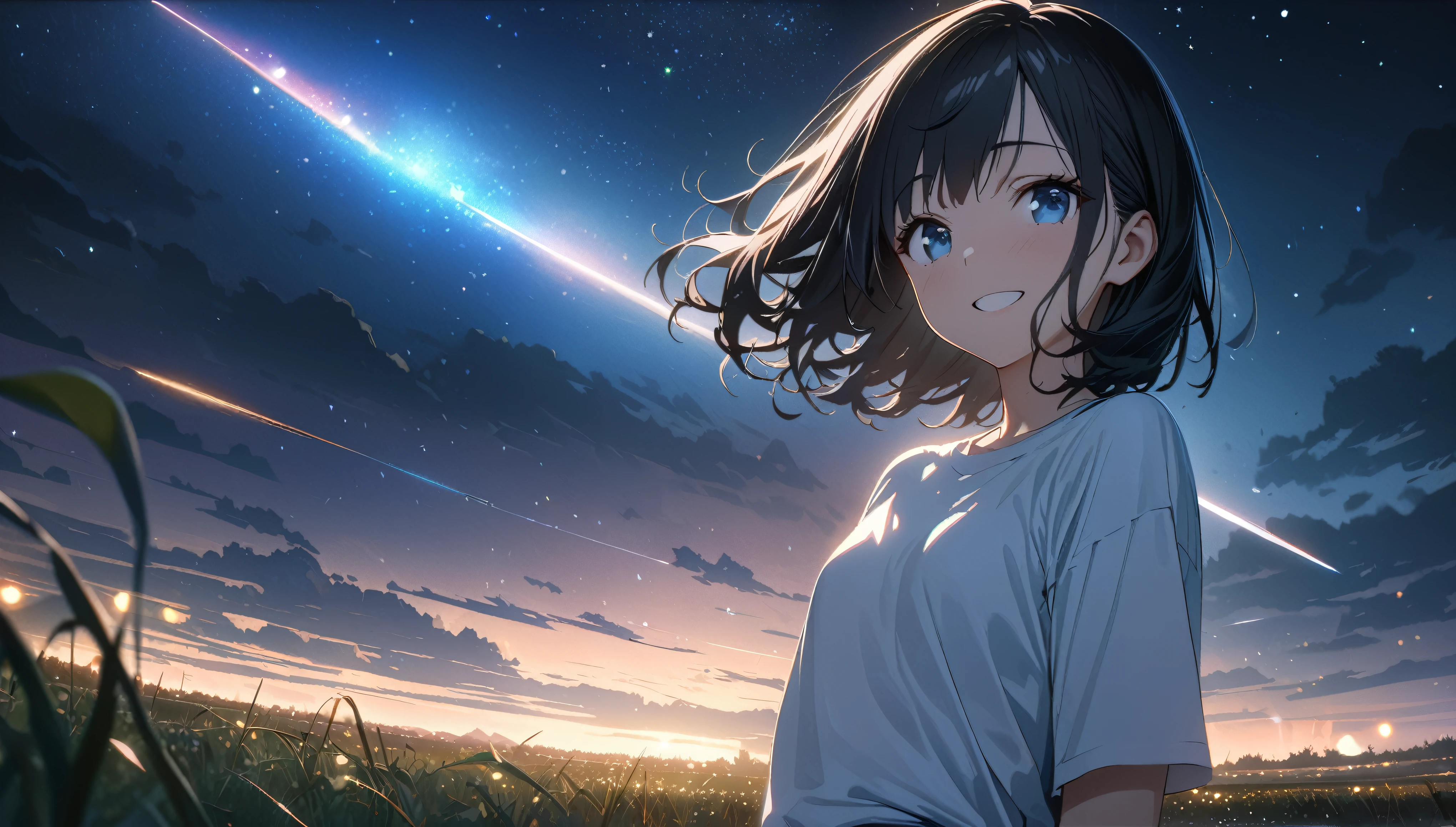 ((ultra-detailed))/(one women with short black hair and bob hair.、beautiful blue eyes,.、smile、gentle smile on her face、flat chest, one Beautiful girl,((masterpiece, illustration, best quality) ((ultra-detailed))/)Masterpiece\,standing on a field viewing the night sky with dark clouds and stars, a comet passing by, and many stars, wearing white tshirt,濃い青とBeautiful Blueのグラデーション, High resolution, 8K HD detail, hyper-detail, cinematic, surrealism, soft light, deep field focus bokeh, ray tracing and surrealism. --v6'
