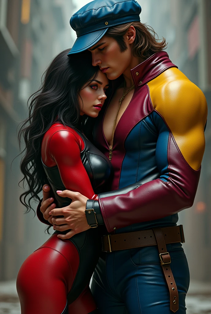Create an image where a short, slim girl with wide hips dressed in a black and red leather jumpsuit is cuddling a much taller guy with long brown hair in a blue cap dressed in a burgundy, blue and yellow leather outfit. The girl should have black hair of medium length and red eyes. The hat should not have a visor. The boy should have slightly longer hair than the girl and the girl's hair should be straight.