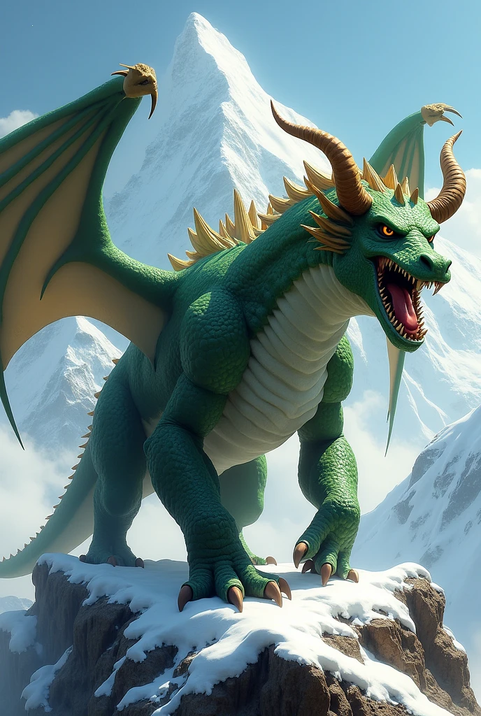 Green body dragon with angel wings, bull horns, crocodile tail, gorilla paws, mammoth teeth, on a mountain on Mount Everest.