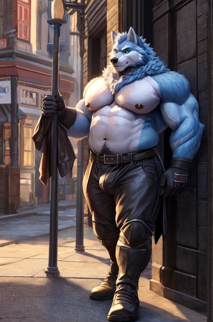 ((Ultra High Quality)), ((masterpiece)), ((Ultra detailed)), ((4k)).

Anthro , Wolf , Handsome , Anthro Wolf  , Light Blue Wolf , Light Blue Fur , Short Hair , Black Beard , Handsone , Good Looking , Green Eyes ,(Eyes Details), Middle Ages , Fat ,Huge Pecs , Mediun Body size ,Naked , Black Gloves , Cool Pose , Street ,dildo in ass