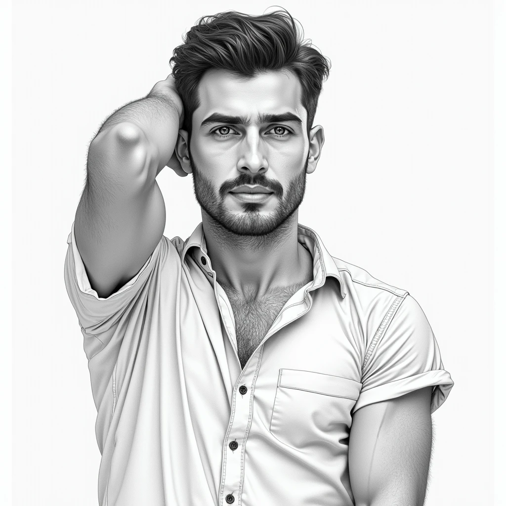 realistic pencil drawing art, a 30 year old iranian attractive fit male, wearing tight button up shirt, hand behind hear, sweaty armpit,