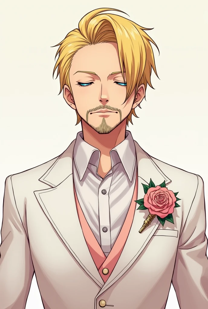 Create a One Piece character in Sanji fanart, a man with blue eyes, "blonde hair on the right side", his face with a beard and a little mustache, with swirly eyebrows, Elegant white and blush wedding suit, but with eyes closed