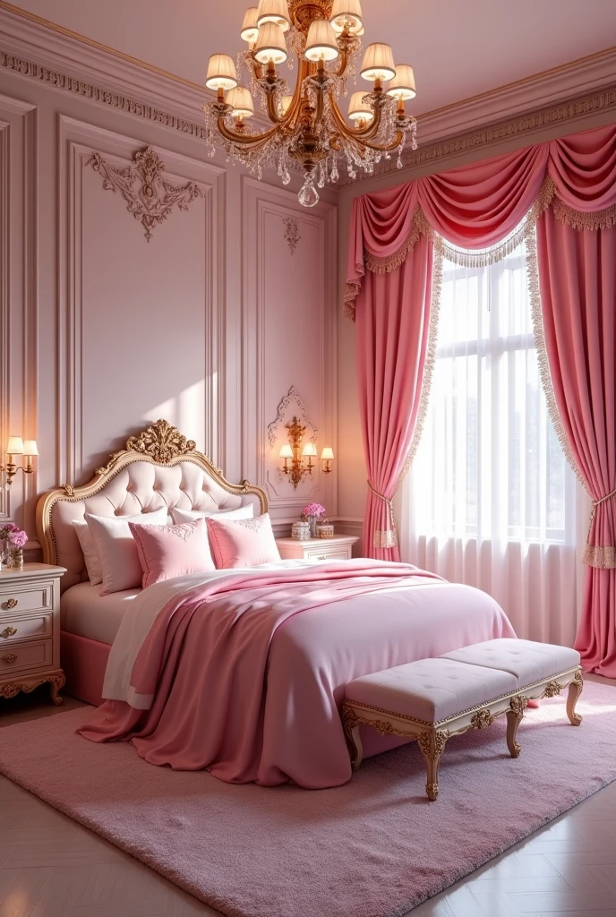 A room that is very much like a lady&#39;s room mixed with a princess&#39;s room, with lots of pink, cama de casal, big and chic room, closed windows or no windows, quarto vibes