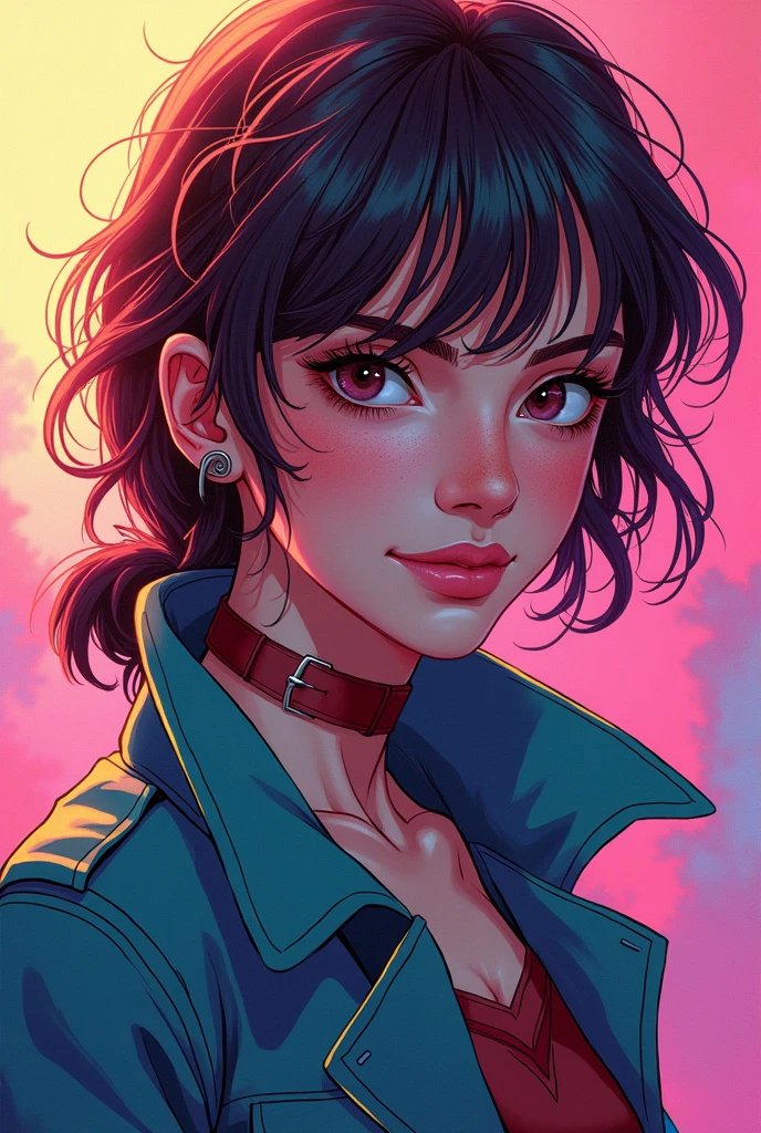 Ana de armas, soft smile, Lighting and shading by Ross Tran, Close up, colorful, hand drawn, vibrant pastel colors, (bubblegum Vaporwave aesthetic), Legend of Mana graphics, JRPG golden age, A half portrait of a 20 y. o female rogue brigand looking at camera, freckles