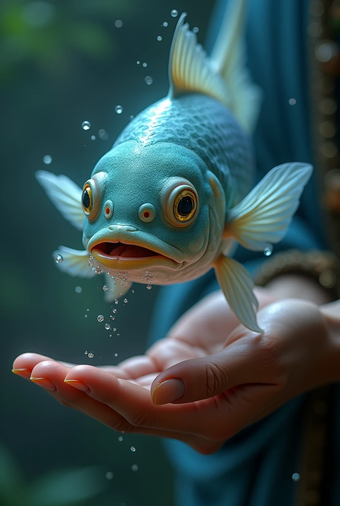 The fish said, 'Let me go, and I will grant you one wish.'" Visuals: Close-up of the fish in Rahul’s hands. The fish’s mouth moves as it speaks, with a gentle, magical aura surrounding it.
