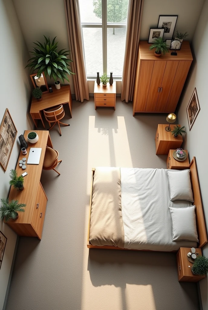well-equipped bedroom with wardrobe, desk, rack, makeup dresser, nightstands, etc. from an aerial view