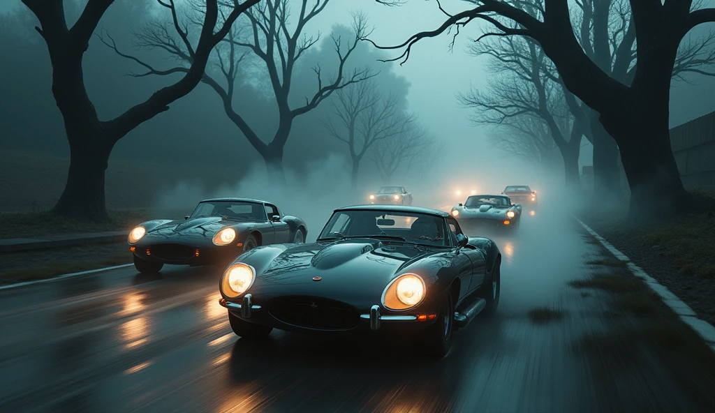 Car race, dark, spooky place in the background