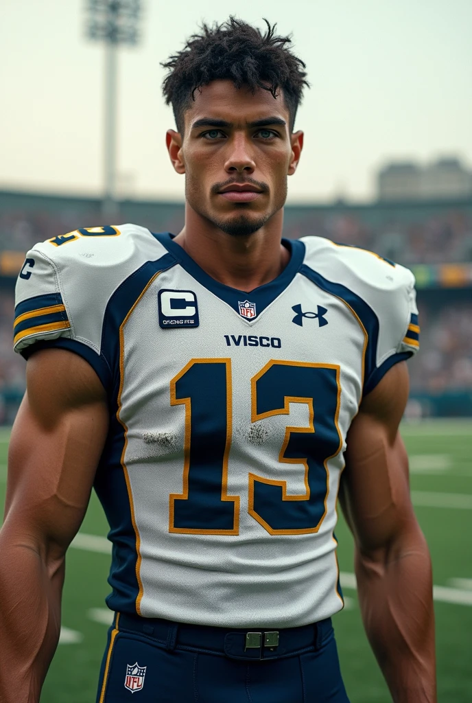 Black haired boy, medium build, blue eyes as an American football captain 