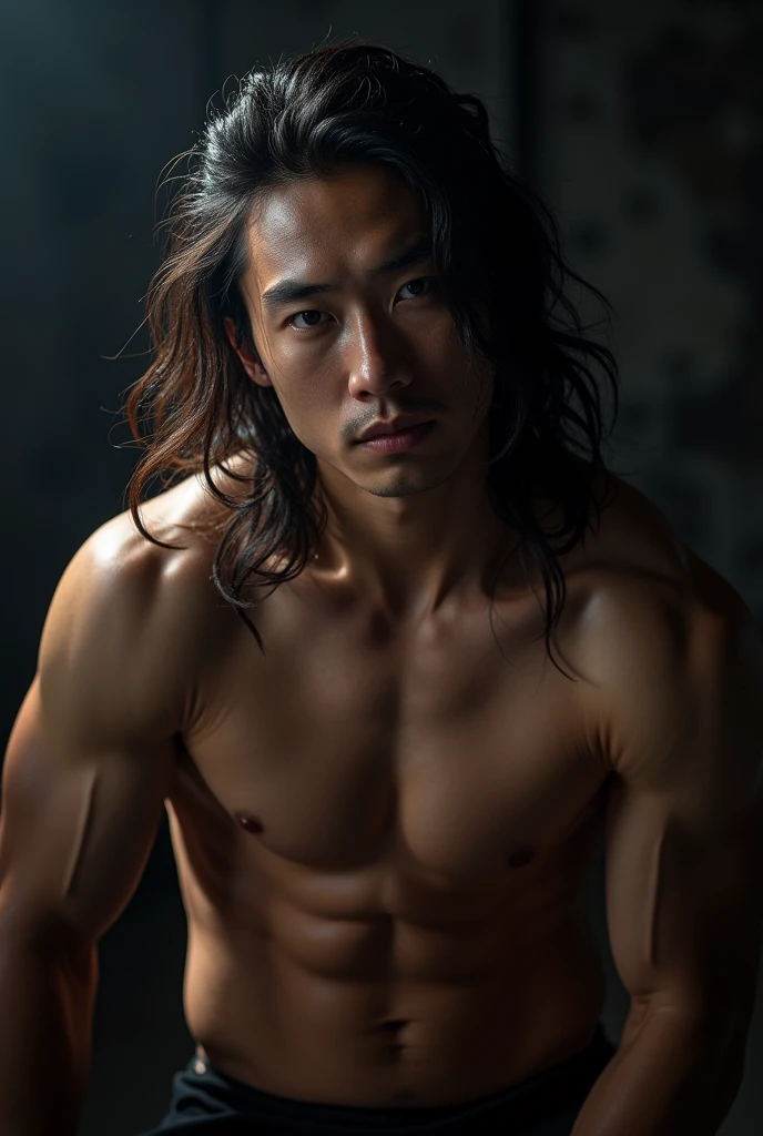 photo of zky zhong kunyi, male focus, ((long hair)), ((fit)), ((volumetric lighting)), best quality