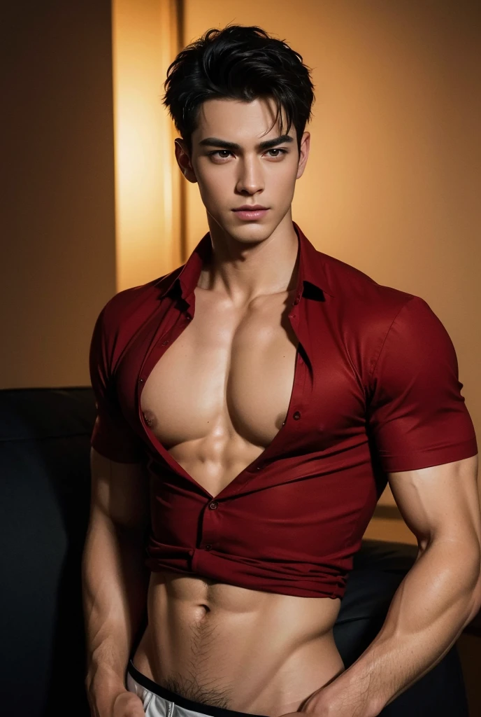 a tall handsome muscular young man, smooth skin, a hot glow in his skin, bright face, sexy gaze, sexy expression, sexy posture, wearing exquisite open red shirt and black pants, lying in the big bed, beautiful, gorgeous, wet, (best quality,4k,8k,highres,masterpiece:1.2),ultra-detailed,(realistic,photorealistic,photo-realistic:1.37),dramatic lighting,chiaroscuro,cinematic lighting,dramatic shadows,warm color palette,sensual,alluring,erotic
