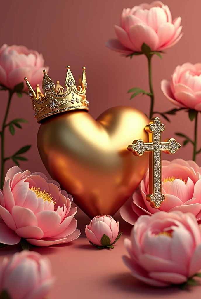 A crooked heart that is not broken 3D golden with a glamorous crown in the corner of the heart, with peony flowers in the background and a cross standing out on the side