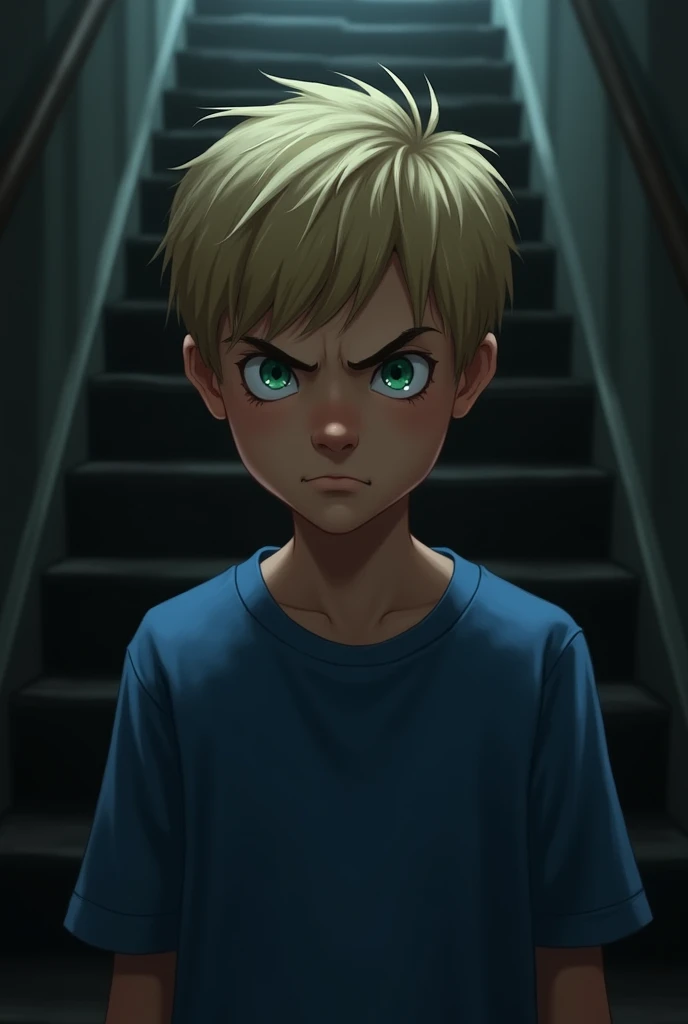 Realistic drawing of an boy, blond hair green eyes, With a blue shirt, on a dark staircase, angry, all dark, at night
