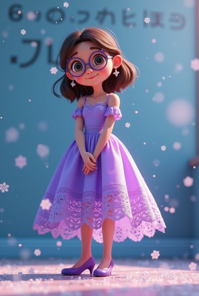 Animation, 3d, lace, Purple dress,school girl, glasses, short skirt,whole body,high heels,smile,student,lovingly looking at camera, snowflakes, Blue wall background with writing "6 month anniversary, love Yuki"