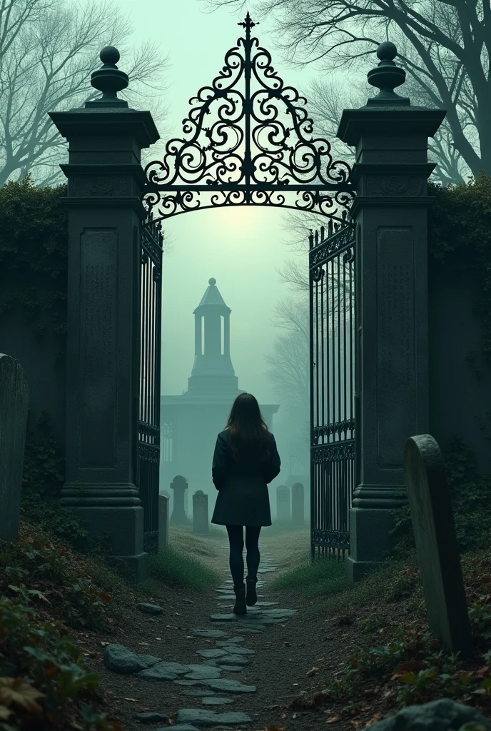 Someone entering the gates of an abandoned cemetery
