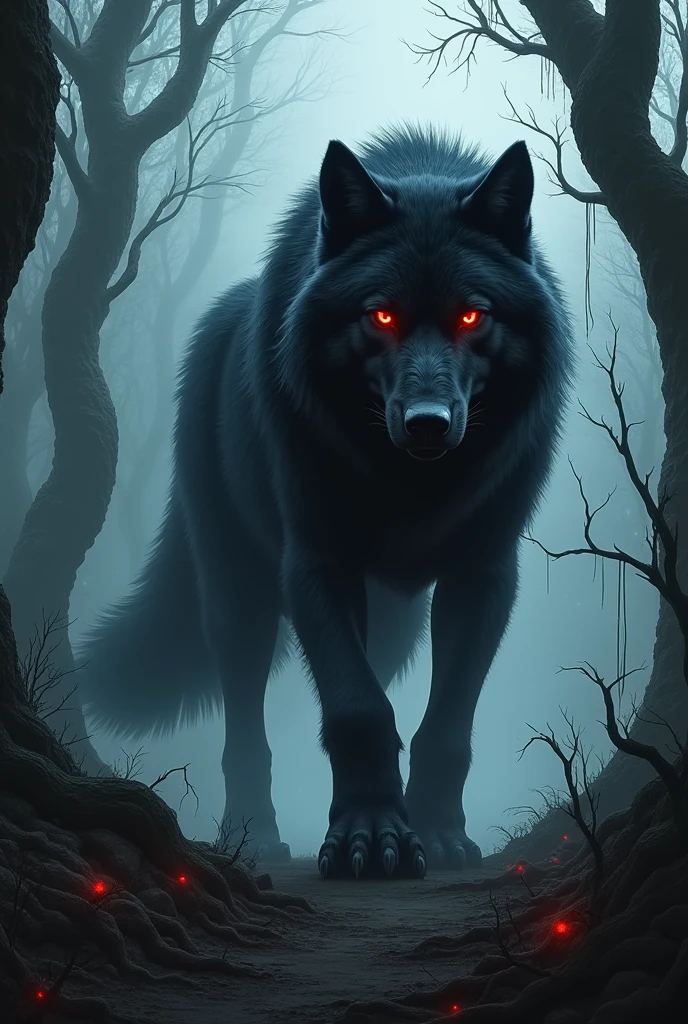 A giant black wolf with red eyes guarding a black forest