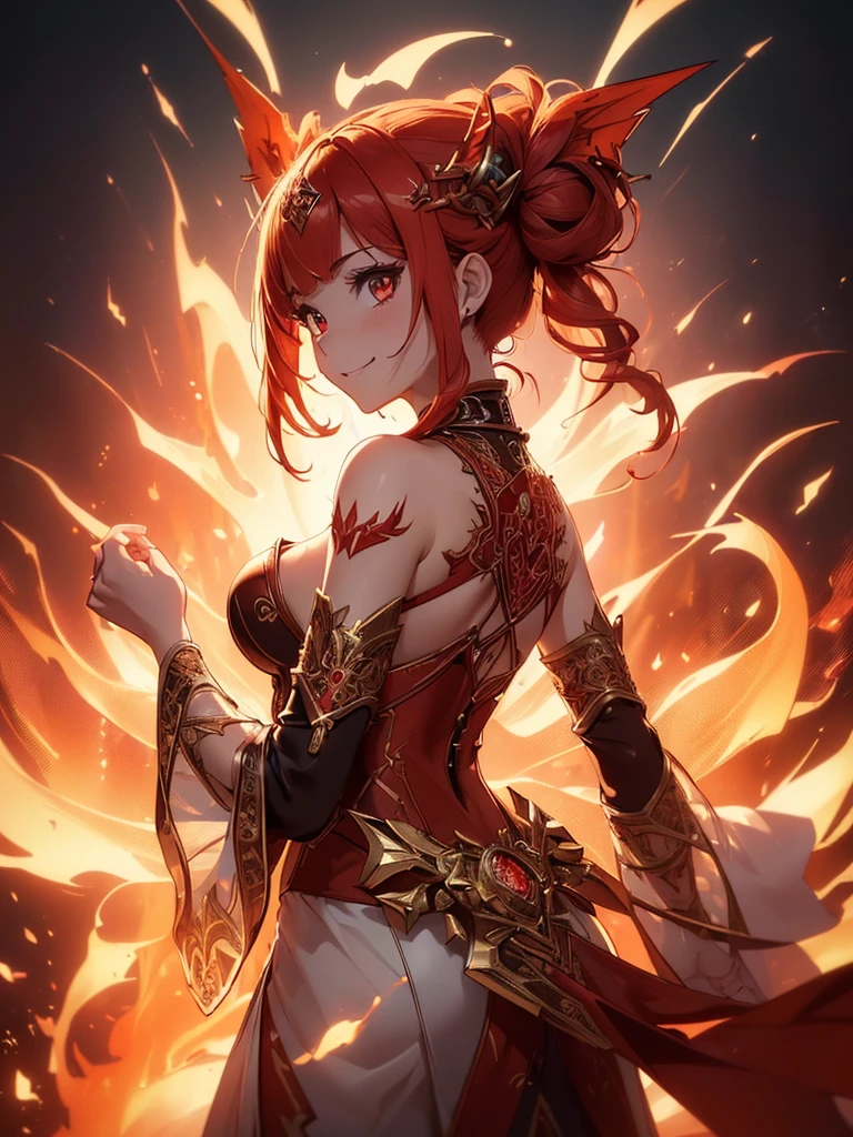 (((best quality, sharp image, clear image, cinematic lighting, 8k resolution, masterpiece, ultra detailed, intricate))) Girl, sorcerer, cute, intricate dress, smiling, fiery red, ((intricate background)), (rune frame), dimension, ((shot from behind)), fire sigils, chaotic background, ((half-body shot))