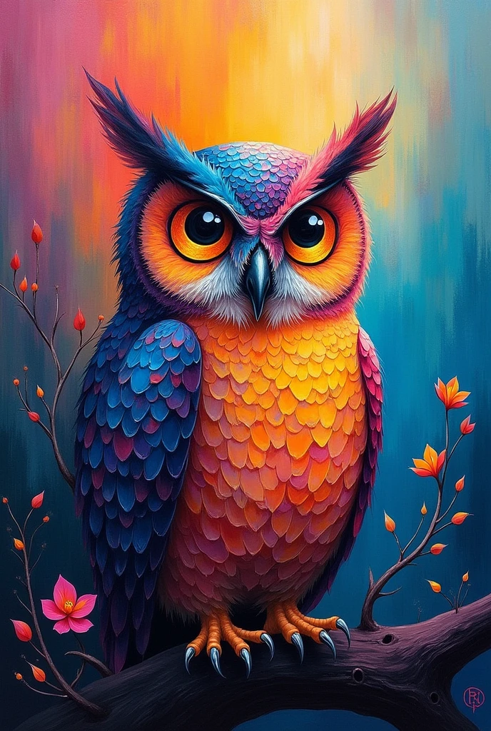 Picture of an owl, abstract with many colors, that looks aesthetically beautiful enough to put in a painting, that is not hyper realistic or animated