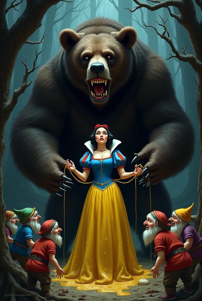 7 Dwarfs tied snow white and put honey on her
,then bear came and put loot of honey on her,bear going eat her by hand and then legs ,bear lick her feet