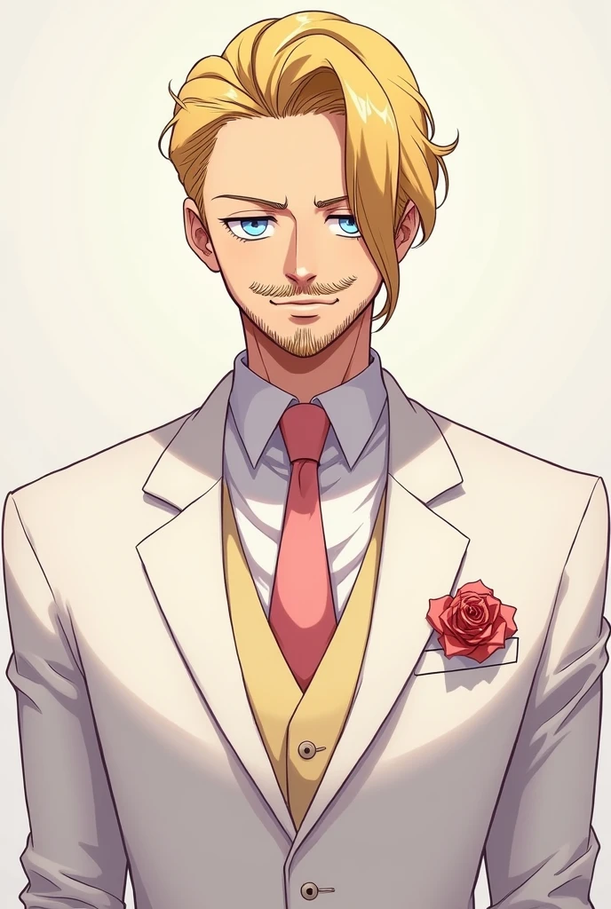 Create a One Piece character in Sanji fanart, a man with blue eyes, "blonde hair on the right side", his face with a beard and a little mustache, with swirly eyebrows, Elegant white and blush wedding suit, but with eyes closed