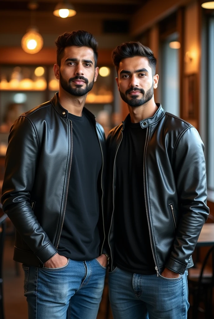 make a 2 men’s portrait for facebook profile photo. good looking men with short beard. skin colour asian fair. face look is combination of Pakistani and Bangladeshi. realistic photo. natural look. background will be a restaurant in Dhaka City. wearing a leather jacket and black tshirt and jeans. Single men photo. Make total 10 pieces of the same persons photo.