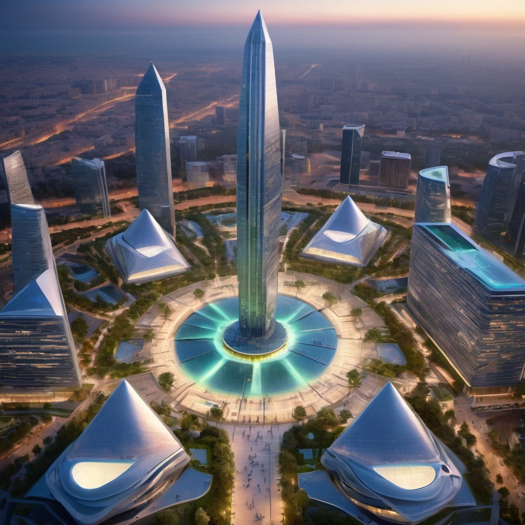 Complex of three gigantic and very tall connected skyscrapers surrounding a plaza with a fountain in the middle, futuristic design, eco style, aerial view, Soft lighting, Very detailed,HD,8k, This fulfills the function of being a highly demanded academic institute, One is pyramid-shaped