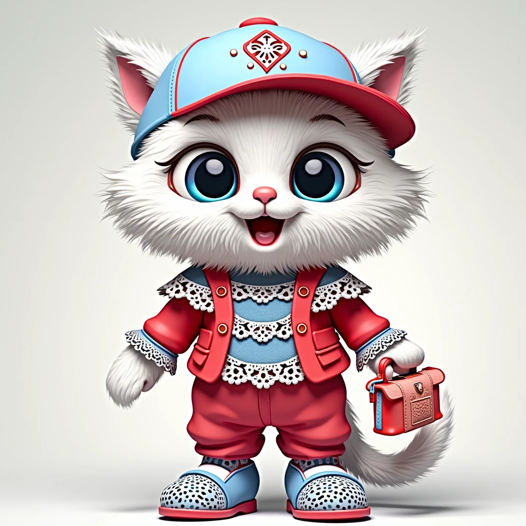 plush very fluffy cat, White wool, like a stoat, Stands on its hind legs, in a dark blue lace dress,blue shoes, red bag, blue doll eyes with big eyelashes, smiles with open mouth, speaks, moves his paws, spreading out the sides, 3D стиль, 8k , 4K, HD, clean background, style, I guess,