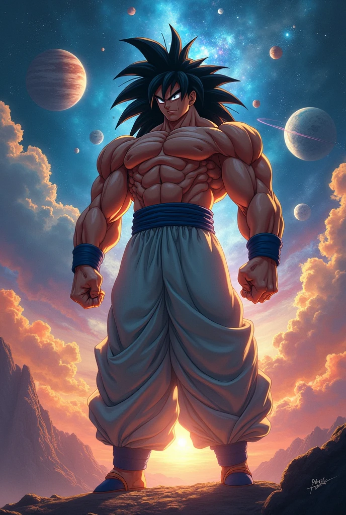 Create a picture of the character Broly from dragonball, the character should look real. The background should be a universe with planets, these should be in anime style. The image should have a calming and mysterious effect