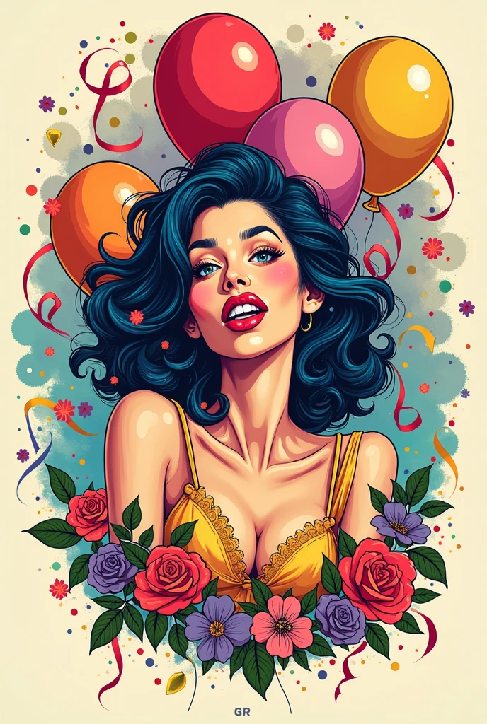 A big girl is sitting on number 21, tha girl take Half of picture wearing a beautiful dress with a covered chest, balloons behind her, and in front of her a cake with Manar written on it, a 2D drawing with outline Cartoon drawing