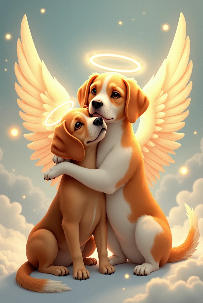 Beagle hugging a Golden Retriever with angel halo wings