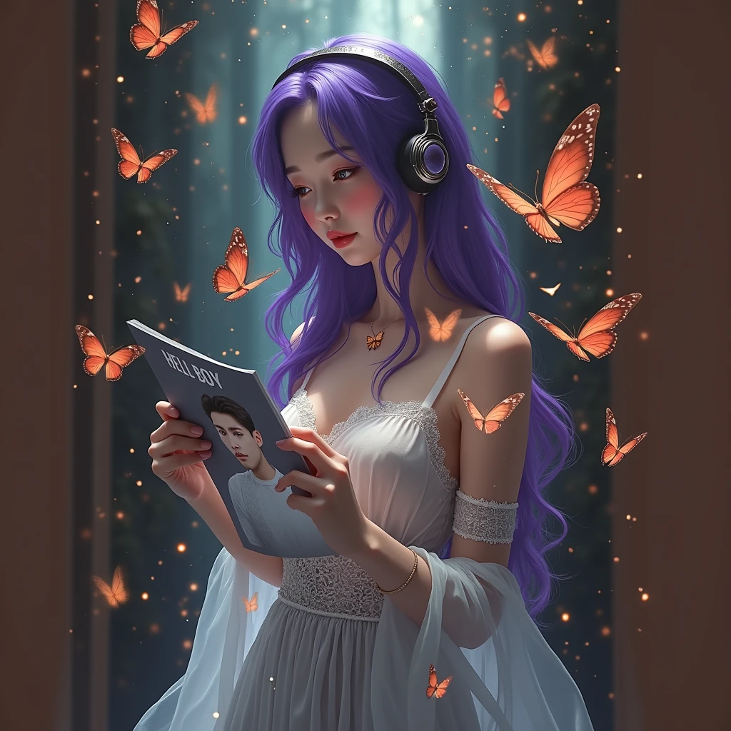 Korean purple haired butterfly woman with headphones and name hell boy instead of flames but she protected by butterflies and seeing the photo of a handsome man in transparent white clothes shiny scenery
