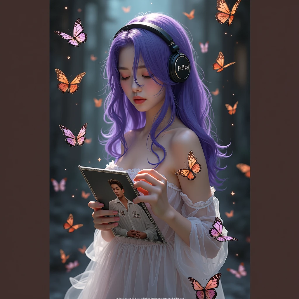 Korean purple haired butterfly woman with headphones and name hell boy instead of flames but she protected by butterflies and seeing the photo of a handsome man in transparent white clothes shiny scenery