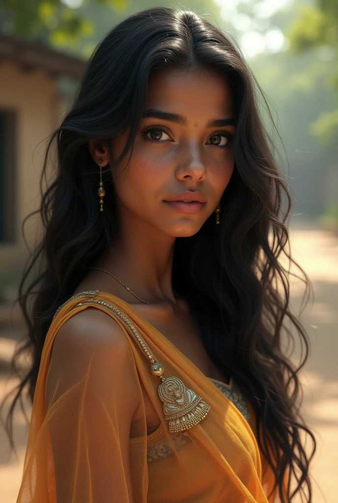 Photo of a 1 Indian girl, raw, Exceptional beauty, (Long, wavy, sun-kissed black hair), intricate facial details, flawless complexion, full body picture, embodying a village girl vibe, dressed in a transparent silk cloth, village mood, old clothes, giving off an ethereal atmosphere, shot on an Indian road. Top-notch 3D rendering, hyper-realistic, photorealistic digital art trending on Artstation 8k HD high definition detailed realistic, detailed, skin texture, hyper detailed, realistic skin texture, armature, best quality, ultra high resolution, (photorealistic:1.4),