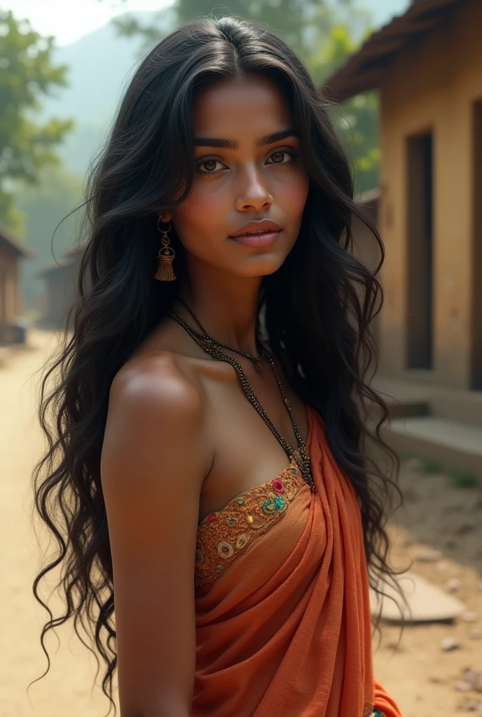 Photo of a 1 Indian girl, raw, Exceptional beauty, (Long, wavy, sun-kissed black hair), intricate facial details, flawless complexion, full body picture, embodying a village girl vibe, dressed in a transparent silk cloth, village mood, old clothes, giving off an ethereal atmosphere, shot on an Indian road. Top-notch 3D rendering, hyper-realistic, photorealistic digital art trending on Artstation 8k HD high definition detailed realistic, detailed, skin texture, hyper detailed, realistic skin texture, armature, best quality, ultra high resolution, (photorealistic:1.4),