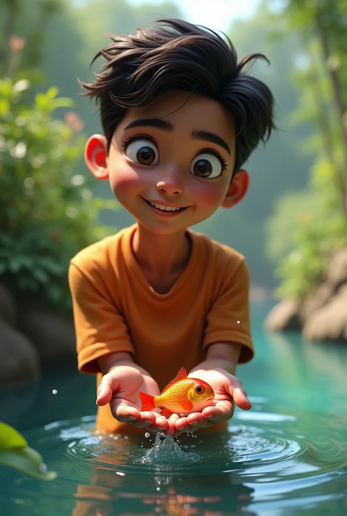 Rahul was surprised, but he released the fish." Visuals: Rahul’s face shows astonishment. Then, he gently places the fish back into the water. The fish swims away with a splash.