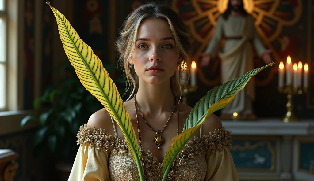 detail of the plant is light yellow stripes interspersed with light greens, and its border is all sun-burnt yellow, as if it were an older leaf in the background of the lady in beautiful clothes, many saints on the wall, large lit candles and image of Jesus and Archangel Michael in the background giving protection to the blessing