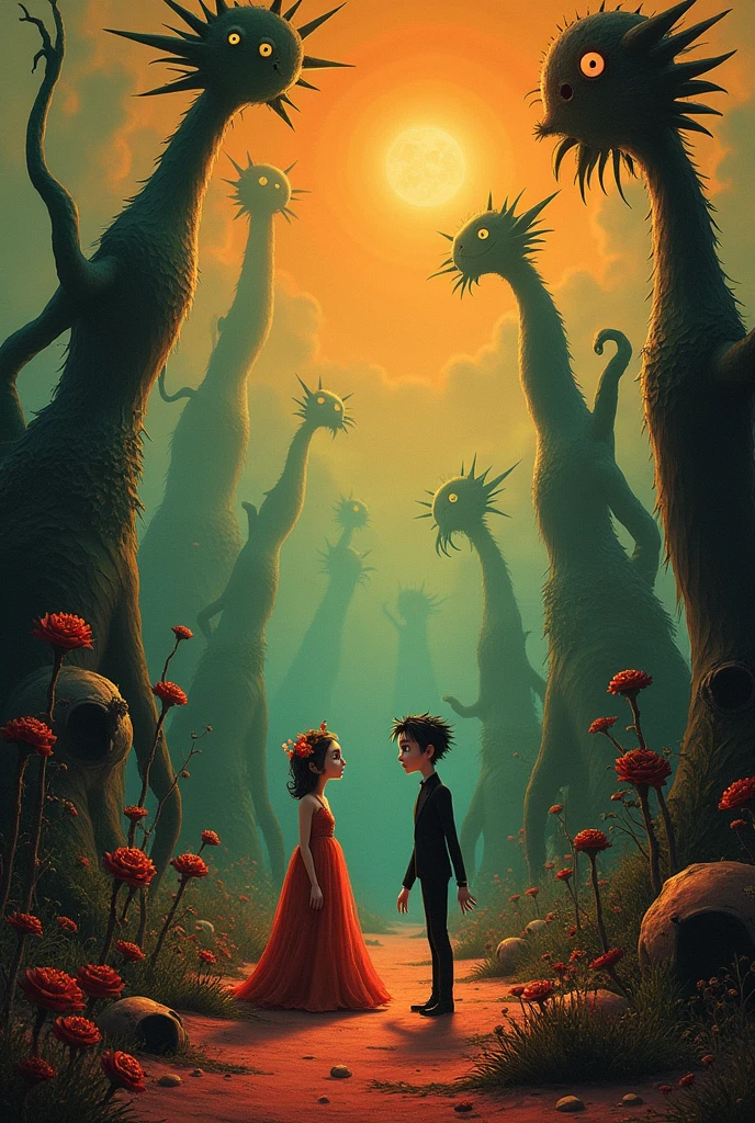 A background image that has a Tim Burton style in orange and green colors with characters from the films directed by Tim Burton