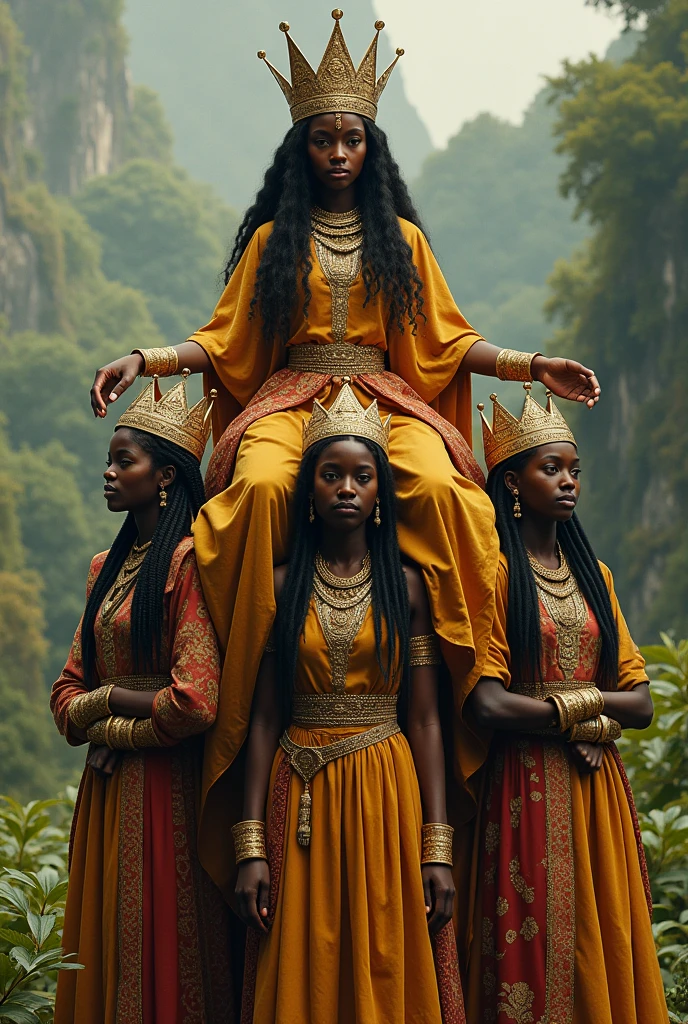 Ethiopian Queen Saba sitting on her four bridesmaids shoulder 