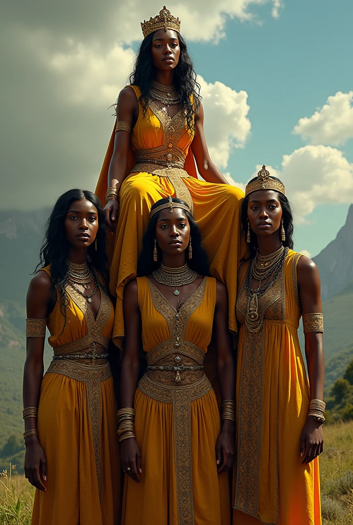 Ethiopian Queen Saba sitting on her four bridesmaids shoulder