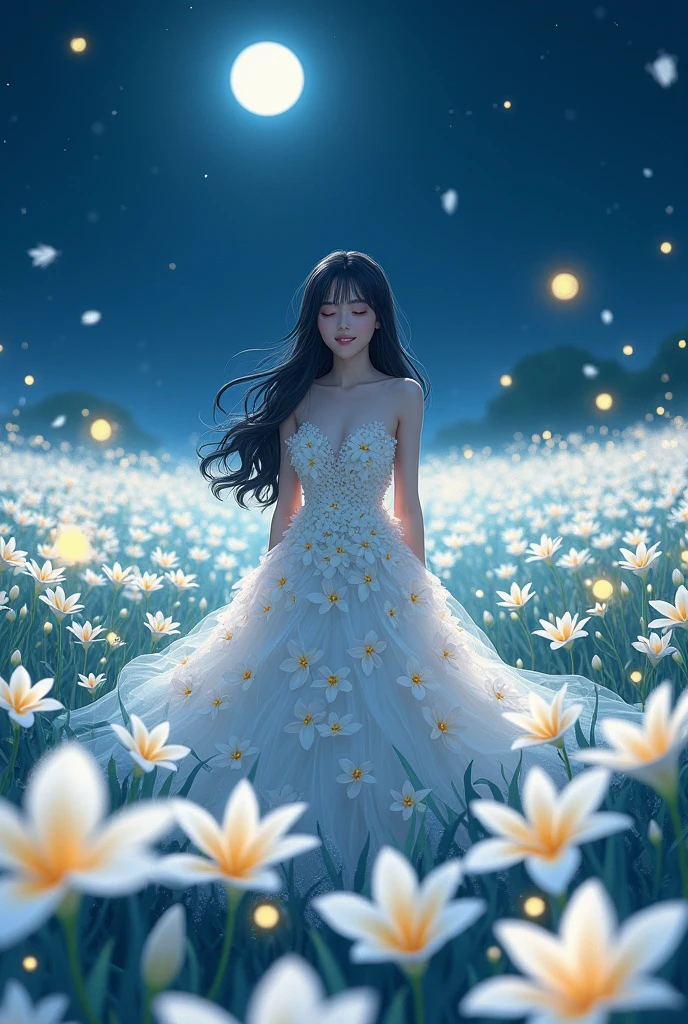 woman standing in the middle of white plumeria field during the night, fireflies, gorgeous anime, long black wavy hair, here blue dress made out of flowers, looking up, light smile, close eyes