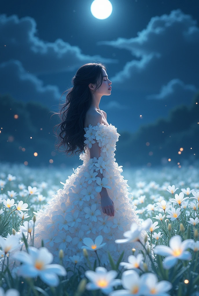 woman standing in the middle of white plumeria field during the night, fireflies, gorgeous anime, long black wavy hair, here blue dress made out of flowers, looking up, light smile, close eyes