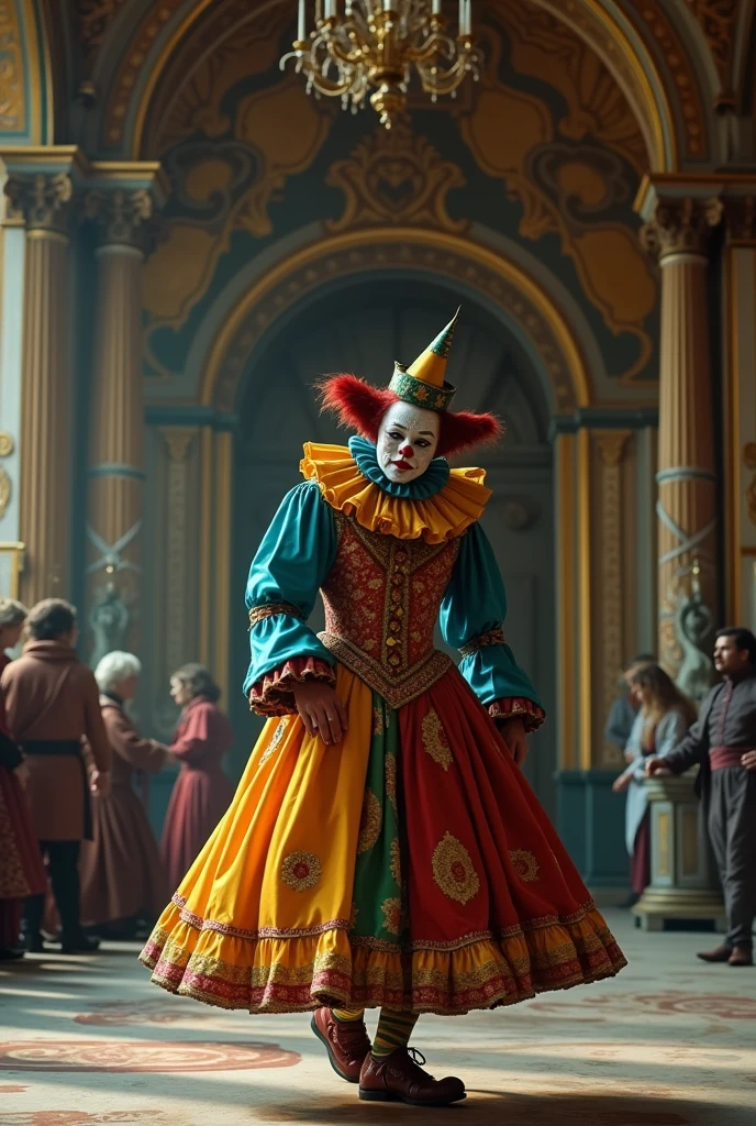 Create an image for fine art printing with a clown jumping on the Venice Carnival stage dancing alone at a ball in a Renaissance ballroom in Venice.. The clown must wear a very colorful and vibrant Venetian clown outfit in red., cerulean, Golden yellow, Unripe. You must wear a carnival mask extending to your nose making a sharp point..  The clown&#39;s gaze must be sad and he must dance on the dance floor 