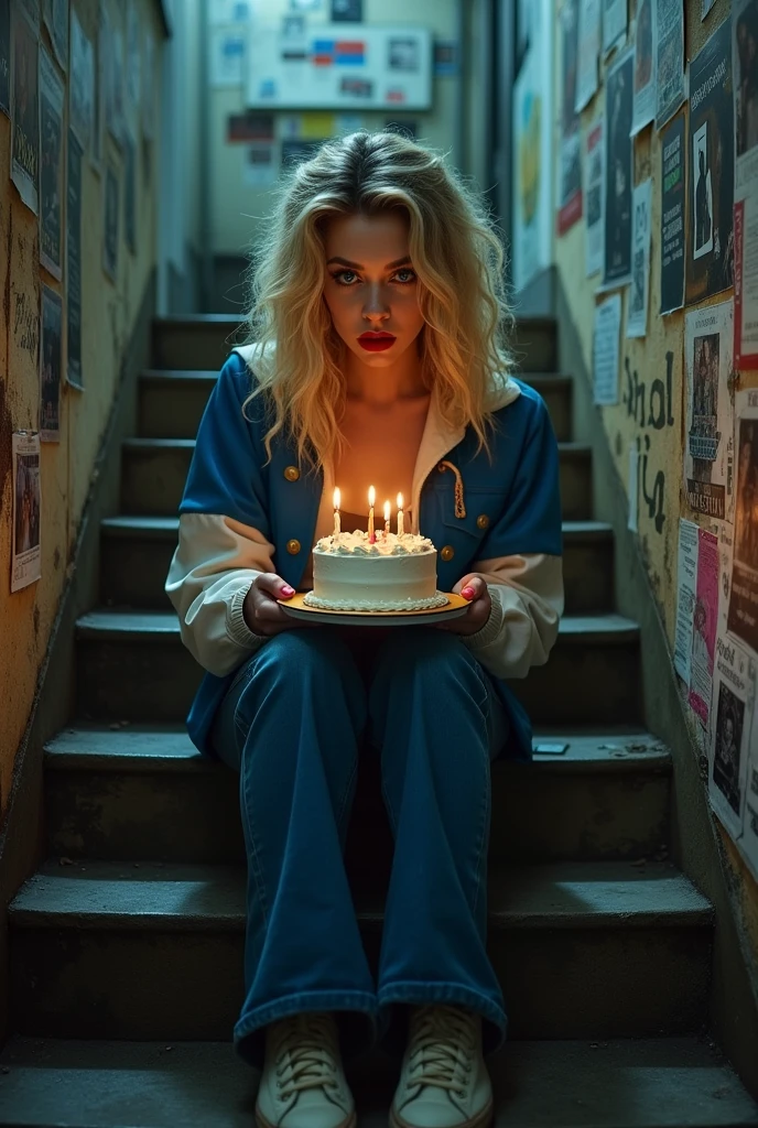 Photo style image of a woman with curly blonde hair and blue eyes wearing a blue and white jacket with long jeans, red lipstick on her lips, dark makeup around her eyes such as eyeliner and eyeliner, is sitting on a dirty staircase that appears to be the entrance to a bar full of posters on the walls., she is holding on her lap a small birthday cake with only 1 candle she looks sad and lonely, the image is realistic style photography art photography.