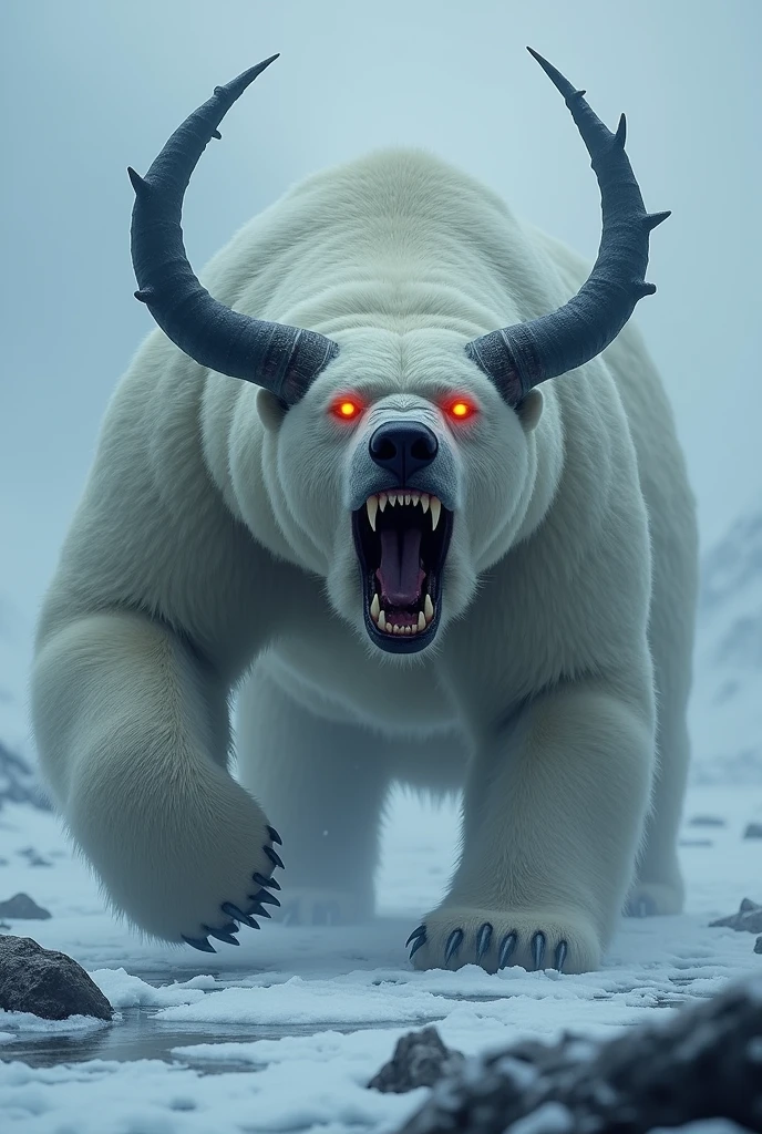 Polar bear with two
 long horn . Scary teeth with fire eyes