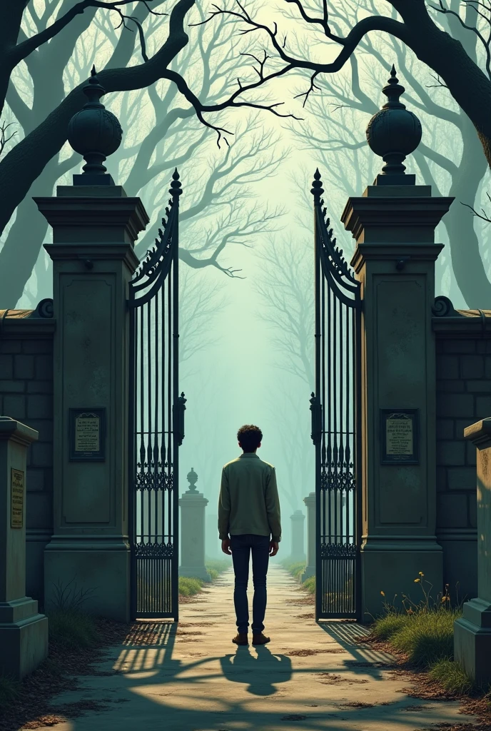 A young man entering the gates of a cemetery