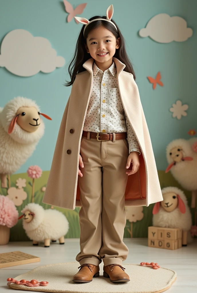 A  costume for girls aged 6 yeaudes boot cut pants with a cape type coat reaching waist. The textile should be personality based. Her personality is calm and she likes sheeps and butterflies and also likes to play scrable