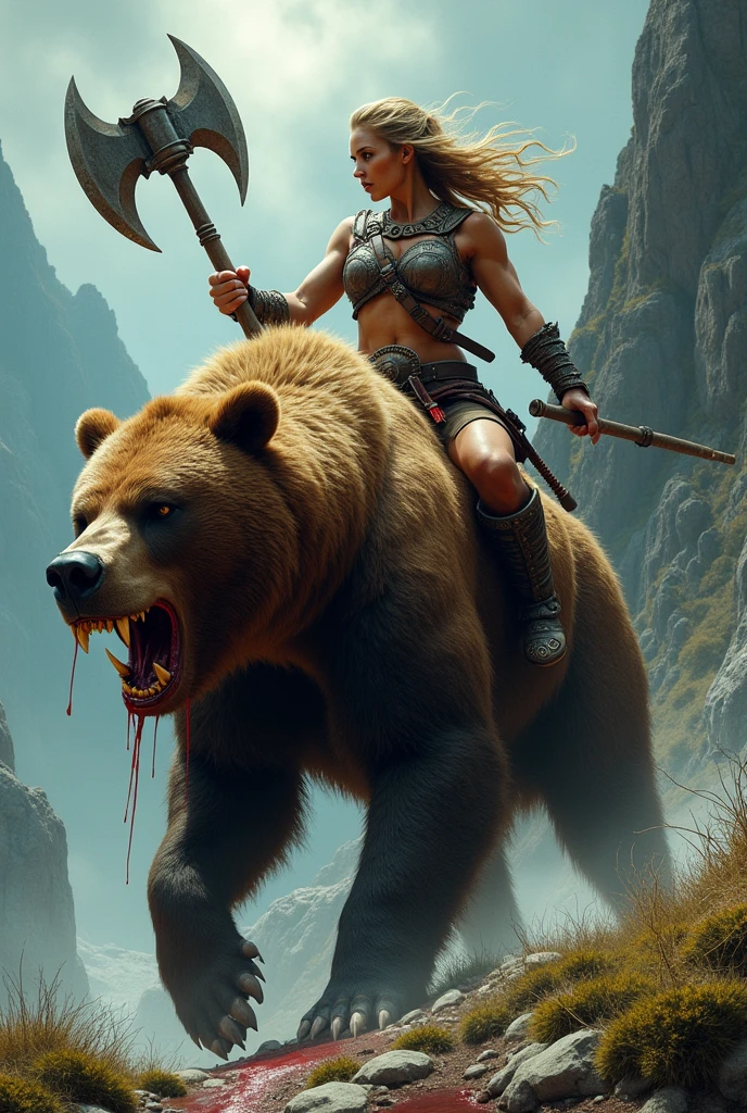 Christina Rene Hendricks (Fantasy warrior, sexy fur bikini, hair up in ponytail, battle axe), riding on a saddle on the back of a big ferocious brown bear. Christina and her bear are fighting goblins on a battlefield
