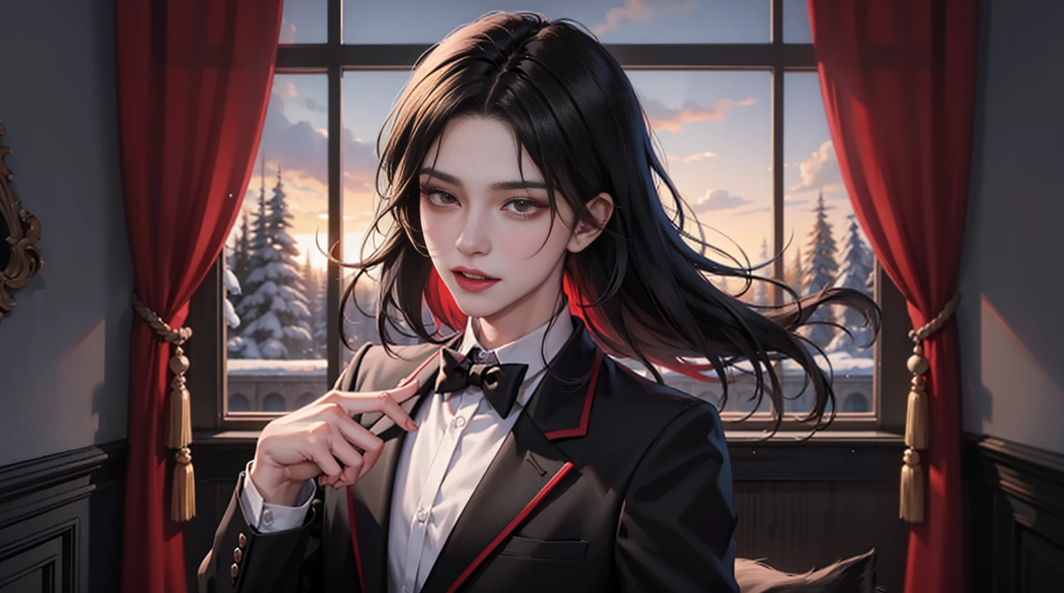 Feminine male, black wolfcut hair, school uniform, classroom back ground, handsome, snow white skin, red eyes, fangs