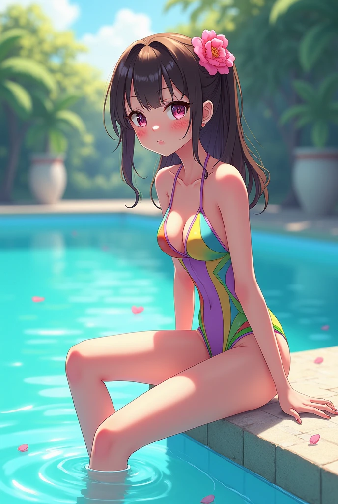 An anime girl in a swimsuit sitting on the edge of a pool (close to the camera)