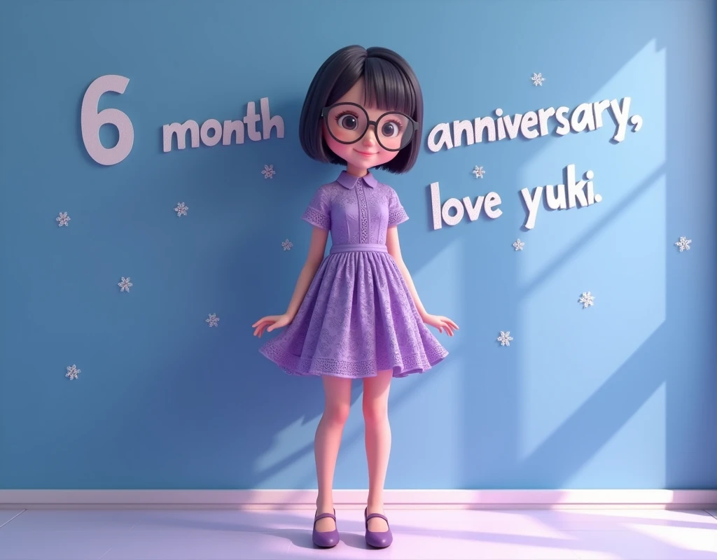 Animation, lace, Purple dress,3D School Girl, glasses, short skirt,whole body,high heels,smile,student,lovingly looking at camera, snowflakes, Blue wall background with writing "6 month anniversary, love Yuki"